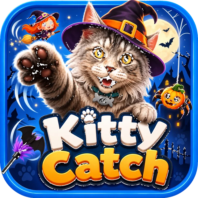Kitty Catch — the Halloween edition icon: a cat in a witch's hat, mid-pounce